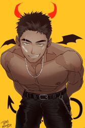 Rule 34 | 1boy, abs, bandaid, bandaid on face, bara, bat wings, belt, belt chain, black hair, black pants, cowboy shot, demon tail, drawn horns, drawn tail, drawn wings, earrings, eyebrow piercing, grin, highres, horns, jewelry, large pectorals, leaning forward, looking at viewer, male focus, muscular, muscular male, navel, necklace, nipples, orange background, original, pants, pectorals, piercing, red horns, scar, scar across eye, short hair, sideburns, signature, simple background, smile, solo, tail, tenji (tenji 89), topless male, veins, veiny arms, wings