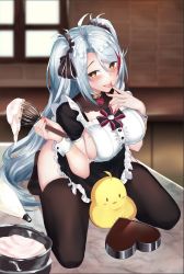 Rule 34 | 1girl, antenna hair, azur lane, black thighhighs, blush, box, breasts, candy, chocolate, chocolate heart, food, hair between eyes, hair ribbon, heart, heart-shaped box, heart-shaped pupils, highres, kneeling, large breasts, licking, licking finger, long hair, looking at viewer, manjuu (azur lane), mole, mole on breast, multicolored hair, nail polish, prinz eugen (azur lane), red hair, red nails, ribbon, rin-1126, short sleeves, silver hair, sitting, solo, spread legs, streaked hair, swept bangs, symbol-shaped pupils, thighhighs, thighs, two side up, valentine, very long hair