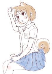 Rule 34 | 1girl, :o, animal ears, blue skirt, blush, brown hair, commentary request, dog ears, dog tail, hand up, hi iro, invisible chair, lifted by tail, original, partially colored, pleated skirt, school uniform, shirt, short hair, short sleeves, simple background, sitting, skirt, solo, tail, white background, wing collar