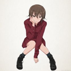 Rule 34 | 10s, 1girl, arms between legs, bad id, bad twitter id, black footwear, black legwear, boots, brown eyes, brown hair, chimaki (u9works), head rest, girls und panzer, hair between eyes, knees together feet apart, nishizumi maho, red shirt, shirt, solo, white background