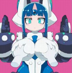 Rule 34 | 1girl, 1other, 20s, android, animated, animated gif, aqua eyes, blue hair, grabbing another&#039;s breast, breast massage, breasts, disembodied hand, disembodied hand, disgaea, expressionless, female focus, forehead jewel, grabbing, heart, helmet, japanese text, joints, large breasts, looking at viewer, looping animation, makai senki disgaea 6, mecha girl (disgaea), outstretched arms, pink background, robot joints, short hair, sidelocks, simple background, solo focus, spread arms, standing, staring, upper body, zankuro