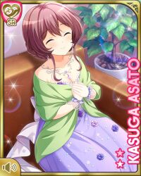 Rule 34 | 1girl, asato kasuga, blue eyes, bow, brown hair, card, character name, closed eyes, closed mouth, day, dress, elbow gloves, girlfriend (kari), gloves, hair bun, indoors, jewelry, necklace, official art, purple bow, purple dress, qp:flapper, short hair, sitting, smile, solo, tagme