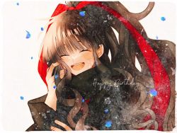 Rule 34 | 110mach, 1girl, :d, ^ ^, azami (kagerou project), black dress, black hair, black scarf, blue sky, closed eyes, cloud, dress, falling petals, hair ribbon, hand on own face, happy birthday, high ponytail, highres, kagerou project, long hair, long sleeves, open mouth, petals, red ribbon, ribbon, scales, scarf, sky, smile, solo, upper body, very long hair