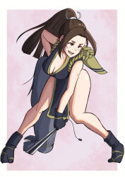 Rule 34 | 1girl, :d, absurdres, alternate color, breasts, brown eyes, cleavage, commentary request, fatal fury, folded fan, folding fan, full body, haldeco, hand fan, highres, holding, holding fan, japanese clothes, large breasts, leaning forward, long hair, medium breasts, ninja, open mouth, pelvic curtain, ponytail, revealing clothes, rope, shiranui mai, smile, solo, the king of fighters, thighs