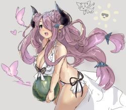 Rule 34 | 10s, 1girl, bare shoulders, bikini, breasts, bug, butterfly, cleavage, commentary, cowboy shot, double bun, draph, earrings, eu03, food, fruit, granblue fantasy, hair ornament, hair over one eye, horns, insect, jewelry, large breasts, leaning forward, long hair, looking at viewer, low-tied long hair, narmaya (granblue fantasy), narmaya (summer) (granblue fantasy), open mouth, pointy ears, purple hair, sarong, side-tie bikini bottom, sketch, smile, solo, standing, star (symbol), star earrings, swimsuit, vyrn (granblue fantasy), watermelon, white bikini