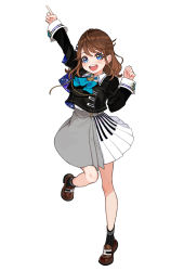 Rule 34 | 1girl, :d, arm up, ass, black jacket, black socks, blue neckwear, blush, brown footwear, brown hair, collared shirt, commentary request, full body, grey skirt, hair between eyes, head tilt, highres, index finger raised, jacket, loafers, long hair, open mouth, original, piano print, pleated skirt, round teeth, shirt, shoes, simple background, skirt, sleeves past wrists, smile, socks, solo, standing, standing on one leg, striped clothes, striped socks, teeth, upper teeth only, vertical-striped clothes, vertical-striped socks, virtual youtuber, white background, white shirt, white skirt, yuu (higashi no penguin)