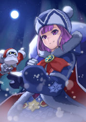 Rule 34 | 1girl, bad id, bad pixiv id, badge, beanie, blue coat, blue dress, blush, bow, breasts, cape, coat, colonel olcott (fate), dress, fate/grand order, fate/grand order arcade, fate (series), full moon, fur-trimmed coat, fur-trimmed dress, fur trim, hat, helena blavatsky (christmas) (fate), helena blavatsky (fate), hood, hooded coat, large bow, long sleeves, looking at viewer, moon, night, night sky, open clothes, open coat, purple eyes, purple hair, red bow, sack, short hair, sky, small breasts, smile, snowing, star (sky), summer sky