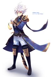 Rule 34 | 1boy, ahoge, aqua hair, arm guards, armor, belt, black footwear, blue coat, blue shirt, boots, brown belt, character name, coat, copyright name, ctiahao, full body, gloves, gold trim, grand chase, hair between eyes, hand on hilt, high collar, highres, holding, holding sword, holding weapon, lass (grand chase), legs apart, male focus, pants, poleyn, serious, sheath, sheathed, shirt, short hair, shoulder armor, shoulder belt, simple background, solo, standing, sword, tassel, thigh boots, weapon, white background, white gloves, white hair, white pants