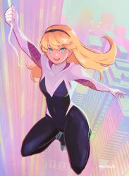 Rule 34 | 1girl, :d, absurdres, arm up, black bodysuit, black hairband, blonde hair, blue eyes, bodysuit, day, floating hair, full body, gwen stacy, hairband, highres, holding, long hair, looking at viewer, marvel, open mouth, outdoors, smile, solo, spider-gwen, spider-man: into the spider-verse, spider-man (series), spider-verse, sushi pizza rrr, two-tone bodysuit, white bodysuit