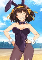 Rule 34 | 1girl, animal ears, black bow, black bowtie, black leotard, blush, bow, bowtie, breasts, brown eyes, brown hair, brown pantyhose, cleavage, closed eyes, commentary request, cowboy shot, detached collar, fake animal ears, greyscale, hair ribbon, hairband, hands on own hips, haruhisky, highres, leotard, medium breasts, medium hair, monochrome, official alternate costume, pantyhose, playboy bunny, rabbit ears, ribbon, smile, solo, standing, strapless, strapless leotard, suzumiya haruhi, suzumiya haruhi no yuuutsu, teeth, wrist cuffs, yellow ribbon