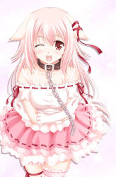 Rule 34 | 1girl, animal ears, blush, chain, collar, crossed arms, dog ears, dress, frills, gloves, igul, bridal garter, off shoulder, one eye closed, original, pink hair, red eyes, ribbon, solo, thigh strap, thighhighs, wink