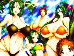 Rule 34 | age difference, bikini, breasts, child, curvy, family, gigantic breasts, green hair, highres, long hair, mature female, mother and daughter, multiple girls, original, ponytail, siblings, standing, string bikini, summer, swimsuit, tsukasawa takamatsu, twintails