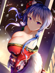 Rule 34 | 1girl, ahoge, alternate costume, alternate hairstyle, azur lane, bare shoulders, blue hair, blush, breasts, cleavage, closed mouth, collarbone, floating hair, hair between eyes, highres, japanese clothes, kimono, large breasts, light, long hair, looking at viewer, night, obi, off shoulder, purple eyes, red kimono, sash, sidelocks, smile, snow, snowing, solo, st. louis (azur lane), st. louis (spirits in the snow) (azur lane), wind, wsman