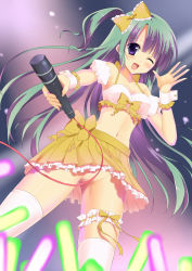 Rule 34 | 1girl, ;d, breasts, cleavage, convenient censoring, crop top, eyebrows, from below, glowstick, green hair, hair ribbon, highres, holding, holding microphone, idol, long hair, looking at viewer, medium breasts, microphone, midriff, navel, no panties, one eye closed, open mouth, original, pleated skirt, purple eyes, ribbon, skirt, smile, solo, thigh strap, thighhighs, white thighhighs, wrist cuffs, yellow ribbon, yellow skirt, yuyumatsu