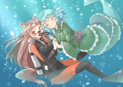 Rule 34 | 2girls, air bubble, animal ears, arnest, blue hair, bodysuit, brown hair, bubble, closed eyes, diving mask, diving suit, drill hair, fins, flippers, frilled kimono, frills, goggles, green kimono, head fins, holding hands, imaizumi kagerou, japanese clothes, kimono, long hair, mermaid, monster girl, multiple girls, obi, own hands together, red eyes, sash, scuba, scuba gear, scuba tank, smile, tail, touhou, underwater, wakasagihime, wetsuit, wolf ears, wolf tail