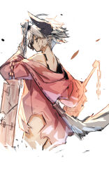 Rule 34 | 1girl, bare shoulders, black camisole, camisole, chain, closed mouth, clothing cutout, cropped legs, from behind, grey hair, highres, holding, holding sword, holding weapon, hood, hood down, hooded jacket, horns, jacket, looking at viewer, looking back, off shoulder, original, pink jacket, pointy ears, simple background, solo, standing, sword, tail, tail through clothes, weapon, white background, yuuji (yukimimi)