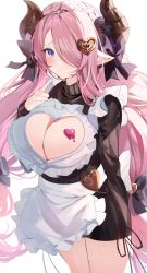 Rule 34 | 1girl, apron, black dress, blue eyes, blush, breasts, cleavage, cleavage cutout, clothing cutout, draph, dress, granblue fantasy, hair over one eye, highres, horns, large breasts, light purple hair, long hair, long sleeves, looking at viewer, low tied hair, narmaya (granblue fantasy), narmaya (valentine) (granblue fantasy), pointy ears, simple background, smile, thighs, white background, yuuko (030 yuko)