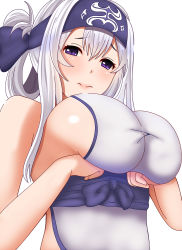 Rule 34 | 10s, 1girl, breasts, headband, hifumi kei, highres, kamoi (kancolle), kantai collection, large breasts, lips, long hair, ponytail, purple eyes, sideboob, silver hair, simple background, solo, white background