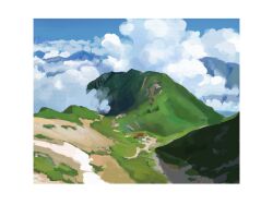Rule 34 | above clouds, blue sky, border, building, cloud, cloudy sky, highres, mountain, mountainous horizon, no humans, original, painting (medium), s3 lmm, scenery, shadow, sky, sunlight, traditional media, white border