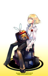 Rule 34 | 1boy, antenna hair, arms at sides, atlus, blonde hair, brown pants, center frills, closed eyes, collarbone, collared shirt, flower, frilled shirt, frilled sleeves, frills, full body, gradient background, kuma (persona 4), long sleeves, male focus, pants, persona, persona 4, red flower, red rose, rose, sanjou sorata, shirt, sitting, solo, television, wing collar