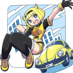 Rule 34 | 1girl, blonde hair, blue eyes, boots, breasts, bumblebee, bumblebee (film), car, freckles, genderswap, genderswap (mtf), gloves, highres, medium breasts, midriff, motor vehicle, open hand, open mouth, personification, short shorts, shorts, solo, sunafuki tabito, thighhighs, transformers, transformers (live action), volkswagen, volkswagen beetle