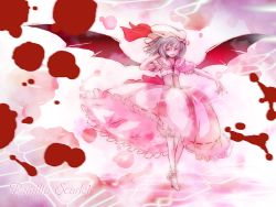 Rule 34 | 1girl, bad id, bad pixiv id, blood, decko, female focus, gradient background, hat, remilia scarlet, solo, touhou, wallpaper, white background, wings