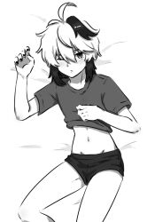 Rule 34 | 1girl, ahoge, androgynous, bed sheet, black hair, black nails, clothes lift, flower (gynoid talk), flower (vocaloid), greyscale, gynoid talk, highres, light blush, midriff, midriff peek, monochrome, multicolored hair, navel, on bed, one eye closed, shirt lift, short hair, short hair with long locks, short shorts, shorts, tomboy, two-tone hair, vflovver, vocaloid, white hair