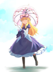 Rule 34 | 1girl, blonde hair, boots, cross-laced footwear, detached sleeves, dress, gloves, haniwa (leaf garden), hat, lace-up boots, long hair, looking at viewer, parasol, smile, solo, touhou, umbrella, white gloves, yakumo yukari, yellow eyes
