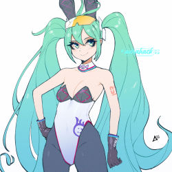 Rule 34 | 1girl, adapted costume, animal ears, aqua eyes, aqua hair, arm tattoo, aurahack, bare shoulders, black gloves, blue hair, breasts, cleavage, collarbone, commentary, detached collar, english commentary, eyewear on head, fake animal ears, gloves, gradient hair, grey leotard, hand on own hip, hatsune miku, highres, leotard, multicolored hair, pantyhose, playboy bunny, rabbit ears, racing miku, small breasts, solo, sunglasses, tattoo, twintails, vocaloid