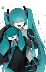 Rule 34 | 1girl, adapted costume, aqua hair, aqua necktie, aqua tongue, black bodysuit, black skirt, black sleeves, bodysuit, bodysuit under clothes, character doll, collared shirt, colored tongue, covered eyes, cowboy shot, detached sleeves, doll, facing viewer, grey shirt, hair ornament, hair over eyes, hatsune miku, highres, holding, holding doll, long bangs, long hair, long sleeves, mekakure miku (homma nuruneko), minazuki (minaduki 0318), miniskirt, necktie, open mouth, sharp teeth, shirt, simple background, skirt, sleeveless, sleeveless shirt, sleeves past fingers, sleeves past wrists, smile, solo, sparkle, standing, teeth, twintails, very long hair, vocaloid, white background