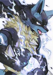 Rule 34 | 1other, absurdres, androgynous, angry, ao gravity, blue fur, body fur, casting spell, creatures (company), electricity, energy, energy ball, fangs, fewer digits, from side, furrowed brow, furry, game freak, gen 4 pokemon, highres, looking ahead, lucario, nintendo, open mouth, pokemon, pokemon (creature), simple background, slit pupils, solo, spikes, upper body, white background