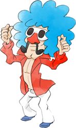 Rule 34 | 1boy, big nose, blue footwear, blue hair, facial hair, jacket, jimmy t, lowres, mustache, nintendo, official art, open clothes, open jacket, pants, red jacket, red nose, smile, sunglasses, takeuchi kou, third-party source, warioware, warioware: get it together!, white pants