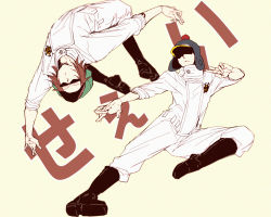 Rule 34 | 2boys, black footwear, boots, cabbie hat, earflap hat, fighting stance, hat, hat pompom, heart pirates, jumping, jumpsuit, male focus, multiple boys, one piece, penguin (one piece), pirate, shachi (one piece), shoes, sunglasses, takuhe 0410, tattoo