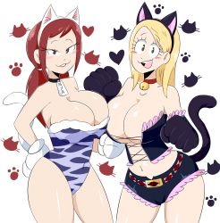 Rule 34 | 2girls, animal costume, animal ears, blonde hair, breasts, cat ears, cat tail, erza scarlet, fairy tail, fake animal ears, fake tail, gloves, highres, image sample, jinu (jinusenpai), large breasts, lucy heartfilia, multiple girls, paw gloves, paws, red hair, tail, tumblr sample