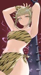 Rule 34 | 1girl, absurdres, alternate costume, animal print, armpits, arms up, bandeau, bare arms, bare shoulders, blonde hair, blunt bangs, boku no hero academia, breasts, club, club (weapon), cowboy shot, fake horns, fengling (furin-jp), highres, horns, kanabou, midriff, navel, sarong, short hair, sidelocks, small breasts, solo, standing, stomach, strapless, thighs, tiger print, toga himiko, tube top, weapon, wristband, yellow eyes