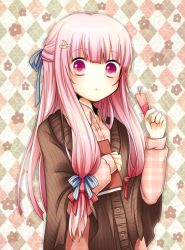 Rule 34 | 1girl, :&lt;, alternate costume, argyle, argyle background, argyle clothes, bad id, bad pixiv id, book, bow, crescent, crescent hair ornament, female focus, hair bow, hair ornament, hair ribbon, hairclip, half updo, holding, no headwear, patchouli knowledge, purple eyes, purple hair, ribbon, sanotsuki, solo, staring, sweater, touhou, wide-eyed