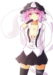 Rule 34 | 1girl, alternate costume, black thighhighs, breasts, casual, cleavage, emia wang, ghost, hat, large breasts, necktie, open clothes, pink eyes, pink hair, ribbon, saigyouji yuyuko, short hair, solo, thighhighs, touhou, triangular headpiece, untied