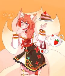 Rule 34 | 1girl, absurdres, animal ears, atelia13, braid, breasts, cake, cleavage, cup, eight-tailed fox nari, food, fox ears, fox girl, fox tail, grey eyes, guardian tales, highres, korean clothes, kyuubi, long hair, medium breasts, multiple tails, one eye closed, orange hair, self-upload, simple background, solo, tail, teapot, tongue
