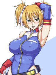 Rule 34 | 1girl, arm up, armpits, black beat, blonde hair, breasts, covered erect nipples, female focus, fingerless gloves, gloves, gundam, gundam card builder, highleg, highleg leotard, large breasts, leotard, looking at viewer, naughty face, open mouth, reiko holinger, short hair, short twintails, simple background, solo, twintails, white background