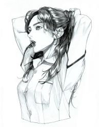 Rule 34 | 1girl, arms behind head, arms up, bare arms, breast pocket, breasts, collared shirt, commentary, cropped torso, dress shirt, english commentary, eyelashes, greyscale, hair tie in mouth, heo sung-moo, highres, lips, long hair, monochrome, mouth hold, original, parted lips, pocket, ponytail, shirt, short sleeves, simple background, solo, teeth, tying hair, white background