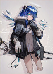 Rule 34 | 1girl, absurdres, arknights, asymmetrical gloves, black gloves, black jacket, black shorts, blue eyes, blue hair, character name, cowboy shot, cropped legs, crystal wings, demon horns, demon tail, detached wings, fur-trimmed jacket, fur trim, gloves, grey background, halo, hand up, head tilt, highres, horns, jacket, layered sleeves, long hair, long sleeves, matsuba (mtbsbr721), mismatched gloves, mostima (arknights), open clothes, open jacket, shirt, short shorts, shorts, simple background, smile, solo, tail, white gloves, white shirt, wings