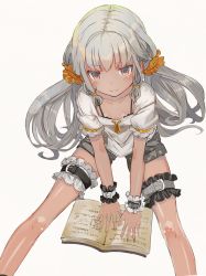 Rule 34 | 1girl, blush, book, breasts, bridal garter, brown eyes, closed mouth, collarbone, dark-skinned female, dark skin, grey background, grey hair, hair ornament, hair scrunchie, long hair, looking at viewer, low twintails, nekomegane, open book, original, scrunchie, short sleeves, shorts, simple background, sitting, small breasts, smile, solo, spread legs, twintails