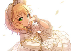 Rule 34 | 1girl, absurdres, blonde hair, bonnet, center frills, dress, frilled dress, frills, green eyes, hand on own cheek, hand on own face, highres, idolmaster, idolmaster cinderella girls, idolmaster cinderella girls starlight stage, lolita fashion, looking at viewer, onimoti, resolution mismatch, sakurai momoka, simple background, smile, solo, source smaller, sweet lolita, two-tone dress, white background, wrist cuffs