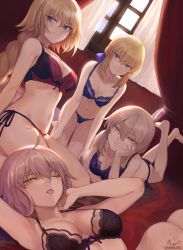 Rule 34 | 4girls, ;p, ahoge, all fours, arm support, artoria pendragon (all), artoria pendragon (fate), bare shoulders, black bra, black panties, blonde hair, blue eyes, blue ribbon, blush, bow, bow bra, bra, braid, breasts, cleavage, closed mouth, collarbone, crossed ankles, crown braid, dutch angle, elbow rest, expressionless, fate/apocrypha, fate/grand order, fate/stay night, fate (series), flower, green eyes, groin, hair between eyes, hair bun, hair ribbon, half-closed eyes, hand on own cheek, hand on own face, hand on own knee, head tilt, heterochromia, highres, indoors, jeanne d&#039;arc (fate), jeanne d&#039;arc (ruler) (fate), jeanne d&#039;arc alter (avenger) (fate), jeanne d&#039;arc alter (fate), jewelry, knees together feet apart, large breasts, leaning back, leaning forward, lingerie, long hair, looking at viewer, lying, mashuu (neko no oyashiro), medium breasts, multiple girls, navel, necklace, on back, on bed, one eye closed, panties, parted lips, red bra, red flower, removed, ribbon, ribbon-trimmed bra, rose, saber (fate), saber alter, side-tie panties, sidelocks, signature, single braid, single hair bun, sitting, smile, stomach, table, tareme, thighs, tongue, tongue out, twitter username, underwear, underwear only, very long hair, wariza, window, yellow eyes