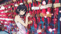 Rule 34 | 1girl, absurdres, bare arms, bare shoulders, black hair, blurry, day, depth of field, ema, glasses, hair ornament, hairclip, head tilt, heart, highres, huge filesize, looking at viewer, original, photo background, ribbon, round eyewear, shinto, short hair, sleeveless, smile, solo, spaghetti strap, suyi-j, upper body, x hair ornament