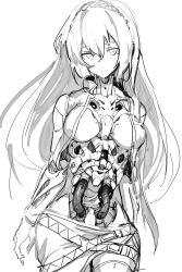Rule 34 | 1girl, android, belt, breasts, cable, commentary, cowboy shot, greyscale, hairband, highres, long hair, looking at viewer, mechanical arms, mechanical parts, medium breasts, megurine luka, monochrome, mutomorokoshi, sketch, solo, vocaloid