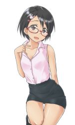 Rule 34 | 1girl, aimobake, arm behind back, bespectacled, black eyes, black hair, black skirt, rabbit hair ornament, clothes pull, collared shirt, commentary, cowboy shot, glasses, hair ornament, hairclip, head tilt, heart, heart hair ornament, hip focus, idolmaster, idolmaster cinderella girls, leg up, looking at viewer, miniskirt, open mouth, pencil skirt, pink shirt, red-framed eyewear, sasaki chie, shirt, shirt pull, short hair, simple background, skirt, sleeveless, sleeveless shirt, smile, solo, standing, standing on one leg, thighs, white background