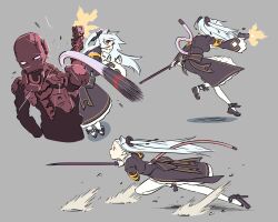 Rule 34 | 1girl, animal ears, battle, black coat, black footwear, broken jaw, casing ejection, cat ears, cat tail, closed mouth, coat, commentary request, cropped torso, dashing, dodging, dress, firing, floating hair, full body, grey hair, gun, hair ornament, handgun, hands up, highres, holding, holding gun, holding sword, holding weapon, jumping, leaning forward, long hair, long sleeves, looking at another, looking back, magari (c0rn3r), mary janes, mechanical tail, motion blur, multiple views, muzzle flash, nora cat, nora cat channel, open hands, pantyhose, profile, red eyes, robot, shell casing, shoes, standing, sword, tail, tail slapping, two side up, under fire, virtual youtuber, weapon, white dress, white pantyhose