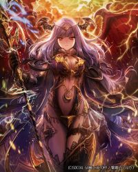 Rule 34 | 1girl, absurdres, breasts, circlet, cleavage, cloud, cowboy shot, detached sleeves, highres, horns, large breasts, lee hyeseung, lightning, long hair, looking at viewer, official art, polearm, purple hair, red eyes, seikon no arcana, solo, spear, weapon, wings