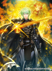 Rule 34 | 1boy, 1girl, armor, black armor, black cape, braid, byleth (fire emblem), byleth (male) (fire emblem), cape, closed mouth, company name, copyright name, fire emblem, fire emblem: three houses, fire emblem cipher, green eyes, green hair, hair ornament, holding, holding sword, holding weapon, kita senri, long hair, nintendo, official art, pointy ears, short hair, side braid, sothis (fire emblem), sword, tiara, twin braids, weapon